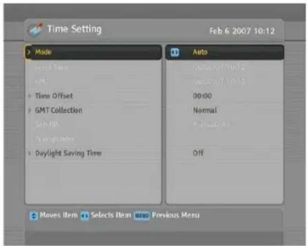 Time Setting Feb 6 2007 10:12 > Mode > Time Offset > GMT Collection > Daylight Saving Time Auto Normal/No.12 Normal/07 10:12 00:00 Normal Normal/No.12 Off Moves Item Selects Item New Previous Menu