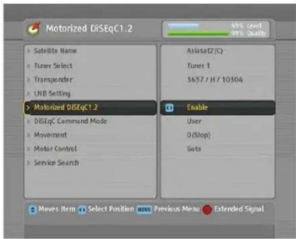 Motorized DiSEqC1.2 Satellite Name Turner Select Transponder UNB Setting Motorized DiSEqC1.2 DiSEqC Command Mode Movement Motor Control Service Search Asiasat2 (C) Tuner 1 3637 / H / 10304 Enable User 0 (Stop) Goto Moves Item Select Position MENU Previous Menu Extended Signal