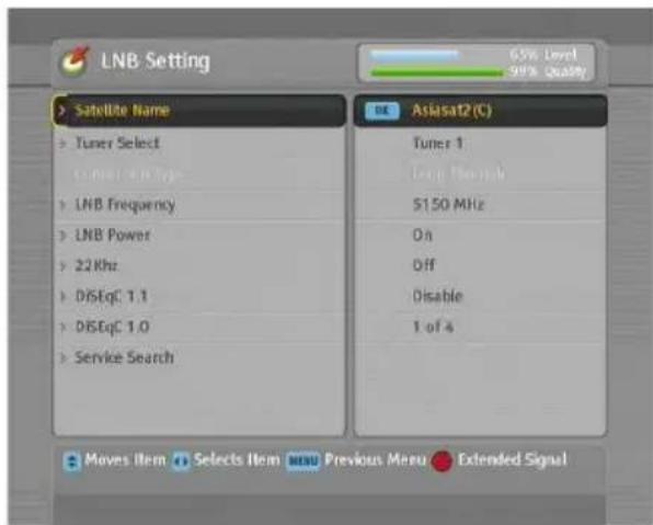 LNB Setting 65% Level 90% Quality > Satellite Name > Tuner Select 1.0 MHz > LNB Frequency > LNB Power > 22 kHz > DISEq: 1.1 > DISEq: 1.0 > Service Search DE Asiasat2 (C) Tuner 1 Long Pulse S150 MHz On Off Disable 1 of 4 Moves Item Selects Item Previous Menu Extended Signal