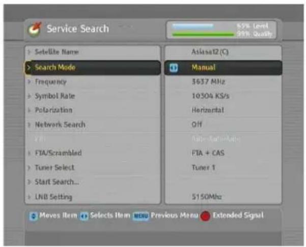 Service Search 85% Level 91% Quality > Satellite Name > Search Mode > Frequency > Symbol Rate > Polarization > Network Search > FTA/Scrambled > Tuner Select > Start Search... > LNB Setting Aslasat2 (C) Manual 3637 MHz 10304 KS/s Horizontal Off After-Acromatic FTA + CAS Tuner 1 5150MHz Moves Item Selects Item MBU Previous Menu Extended Signal