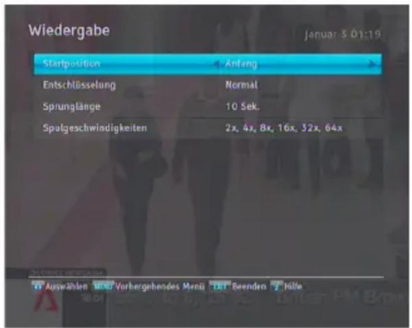 Wiedergabe Januar 3 01:19 Startposition Anfang Entschlüsselung Normal Sprunglänge 10 Sek. Spulgeschwindigkeiten 2x, 4x, 8x, 16x, 32x, 64x Auswählen Vorhergehendes Menü Beenden Hilfe