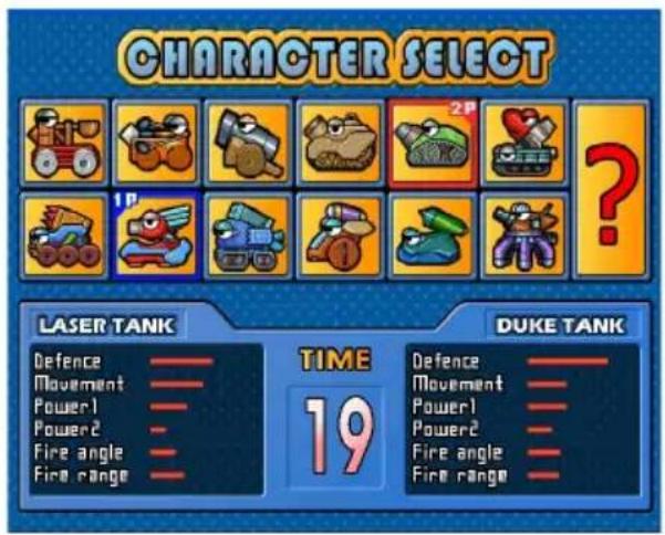CHARACTER SELECT Laser TANK Time 19 DUKE TANK Defence Movement Power1 Power2 Fire angle Fire range 2P ? Defence Movement Power1 Power2 Fire angle Fire range