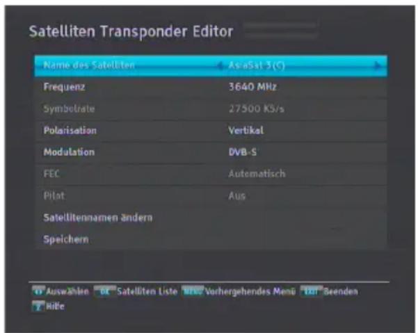 Satelliten Transponder Editor Name des Satelliten AsiaSat 3(°C) Frequenz 3640 MHz Symbolrate 27500 KS/s Polarisation Vertikal Modulation DVB-S FEC Automatisch Pilot Aus Satellitennamen ändern Speichern Auswahlen Or Satelliten Liste Verhergehendes Mensi Tor Beenden Rite
