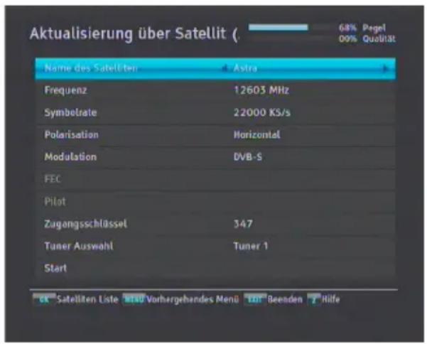 Aktualisierung über Satellit ( 68% Pegel 00% Qualität Name des Satelliten Astra Frequenz 12603 MHz Symbolrate 22000 KS/s Polarisation Horizontal Modulation DVB-S FEC Pilot Zugangsschlüssel 347 Tuner Auswahl Tuner 1 Start ok Satelliten Liste MTAU Vorhergehendes Menü LDT Beenden 2 Hilfe