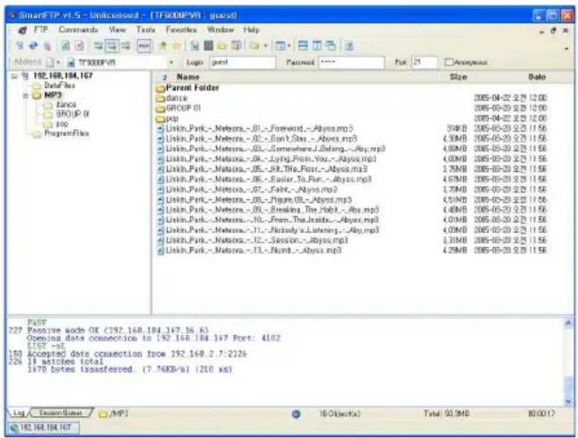 SmartFTP v1.5 - Unlicensed - [TF600FV] : guess FTP Commands View Tools Favorites Window Help Address: TF600FV 192.168.184.167 Data Files MP3 fance GROUP (I) 800 Program Files Name Size的数量 Date Parent Folder dance 2005-04-22 9:29 12:00 GROUP (I) 2005-05-20 9:29 12:00 pop 2005-04-22 9:29 12:00 Linkin.Park.-Netora.-01.-Foreword.-Abyss.mp3 34KB 2005-05-20 9:29 11:56 Linkin.Park.-Netora.-02.-Don't Stay.-Abyss.mp3 43KB 2005-05-20 9:29 11:56 Linkin.Park.-Netora.-03.-Somewhere.J.Belong.-Abyss.mp3 48KB 2005-05-20 9:29 11:56 Linkin.Park.-Netora.-04.-Lying.From.You.-Abyss.mp3 40KB 2005-05-20 9:29 11:56 Linkin.Park.-Netora.-05.-Rit.The.Poor.-Abyss.mp3 1.7KB 2005-05-20 9:29 11:56 Linkin.Park.-Netora.-06.-Easier.To.Fun.-Abyss.mp3 4.6KB 2005-05-20 9:29 11:56 Linkin.Park.-Netora.-07.-Falt.-Abyss.mp3 3.7KB 2005-05-20 9:29 11:56 Linkin.Park.-Netora.-08.-Figure.08.-Abyss.mp3 4.5KB 2005-05-20 9:29 11:56 Linkin.Park.-Netora.-09.-Breaking.The.Hbit.-Abyss.mp3 4.8KB 2005-05-20 9:29 11:56 Linkin.Park.-Netora.-10.-From.The.Inside.-Abyss.mp3 4.0KB 2005-05-20 9:29 11:56 Linkin.Park.-Netora.-11.-Nandy's.Latering.-Abyss.mp3 4.8KB 2005-05-20 9:29 11:56 Linkin.Park.-Netora.-12.-Session.-Abyss.mp3 1.3KB 2005-05-20 9:29 11:56 Linkin.Park.-Netora.-13.-Runt.-Abyss.mp3 4.2KB 2005-05-20 9:29 11:56 PASS Passive node OR (792.168.184.167.16.6) Opening data connection to 792.168.184.167 Port: 4102 LIST -aL Accepted data connection from 792.168.2.7:2126 187D bytes transferred. (7.76KB/s) (210 xs) Log_TensionTime /MPJ 16 Objects Total: 93.3MB 80.0017 187.168.184.167