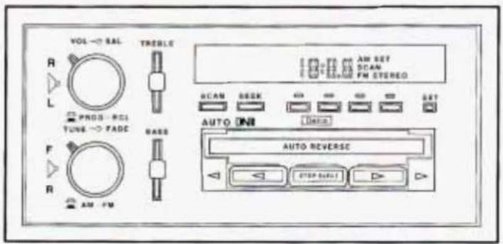 VOL → SAL R L PROG → PCI TUNE → FADC F R AM → FM TREBLE BASS AUTO INI AUTO REVERSE AM SET SCAN FM STEREO SCAN BASK ON ON ON ON SET AUTO INI AUTO REVERSE STOP SHIFT