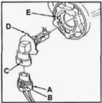 Technical diagram of a mechanical assembly with labeled components A, B, C, D, and E