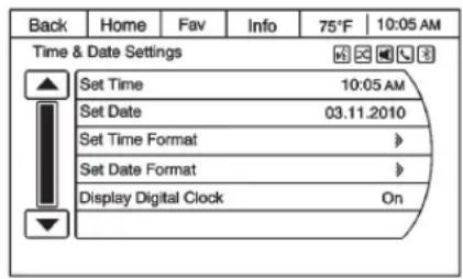 Back Home Fav Info 75°F 10:05 AM Time & Date Settings Set Time 10:05 AM Set Date 03.11.2010 Set Time Format Set Date Format Display Digital Clock On