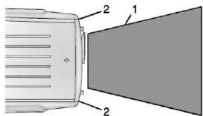 Diagram of a device with labeled parts, showing a 2D object and a triangular screen-like structure.