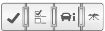 Icon set with checkmark, checkmark inside vertical bars, car icon, and tree symbol