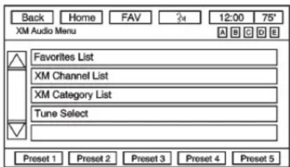 Back Home FAV 24 12:00 75' XM Audio Menu Favorites List XM Channel List XM Category List Tune Select Preset 1 Preset 2 Preset 3 Preset 4 Preset 5