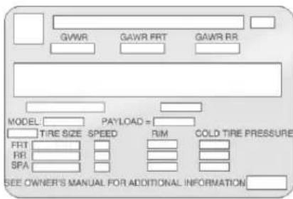 GVWR GAWR FRT GAWR RR MODEL: PAYLOAD = TIRE SIZE SPEED RIM COLD TIRE PRESSURE FRT RR SPA SEE OWNER'S MANUAL FOR ADDITIONAL INFORMATION