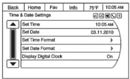 Back Home Fav Info 75°F 10:05 AM Time & Date Settings Set Time 10:05 AM Set Date 03.11.2010 Set Time Format Set Date Format Display Digital Clock On