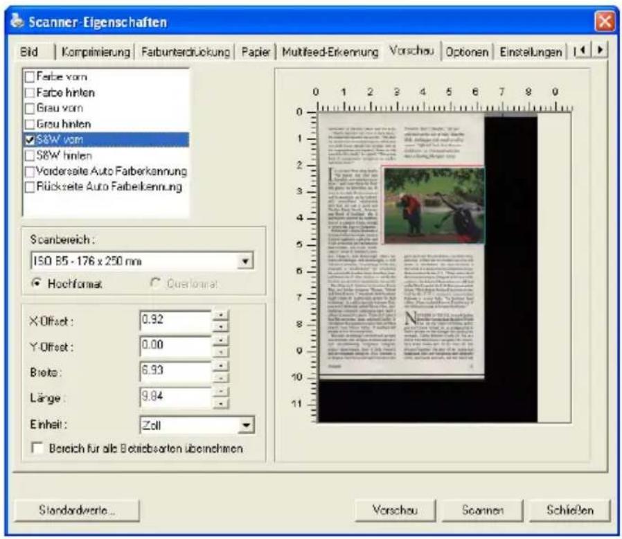 Scanner-Eigenschaften Bid | Komprimierung | Farbunterdrückung | Papier | Multifeed-Erkennung | Vorschau | Optionen | Einstellungen | Farbe vom Farbe hinten Grau vom Grau hinten S&W vom S&W' hinten Vordersite Auto Fatberkannung Rückseite Auto Fatbelkennung Scanbereich : ISO 85 - 176 x 250 mm Hochformat Cuestionarat X-Offset : 0.92 Y-Offset : 0.00 Biets : 6.93 Länge : 9.84 Einheit : Zoll Bereich für alle Betriebsarten überinjachten Standardwerte... Vorschau | Scannan | Schießen