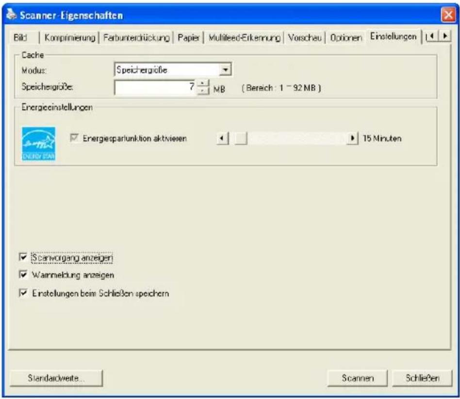 Scanner-Eigenschaften Bild | Komprimierung | Farbumterrückung | Papier | Multileed-Erkennung | Vorschau | Optionen | Einstellungen | Cache Modus: Speichergiöbe Speichergiöbe: 7 MB ( Bereich : 1 - 92 MB ) Energieeinstellungen Energiesparlungaktivieren 15 Minuten Scanvorgang anzeigen Wammeldung anzeigen Einstellungen beim Schließen speichern Standardweite... Scannen Schließen