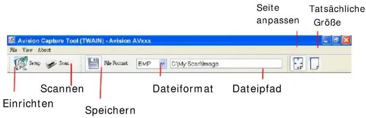 Seite anpassen Tatsächliche Größe Avision Capture Tool (TWAIN) - Avision AVxxx File View About Setup Scan File Format BMP C:\My Scan\Image Scannen Dateiformat Dateipfad Einrichten Speichern