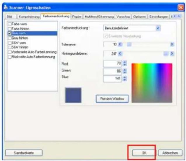 Scanner - Eigenschaften Dild Kompression Farbunterduckung Paper MultiRed Einkennung Vorschau Options Endwaltungen Fabe vom Fabe hinten Graa vom Graa hinten SUV vom SUV hinten Vodersite Auto Farbekennung Rückseite Auto Farbekennung Farbuntesdruckung: Benutzdefiniert Enweissige Verbestellung Tolerance: 13 Hintergrundebene: 247 Red: 70 Green: 86 Blue: 141 Preview Window Standardwerte OK Abbrechen