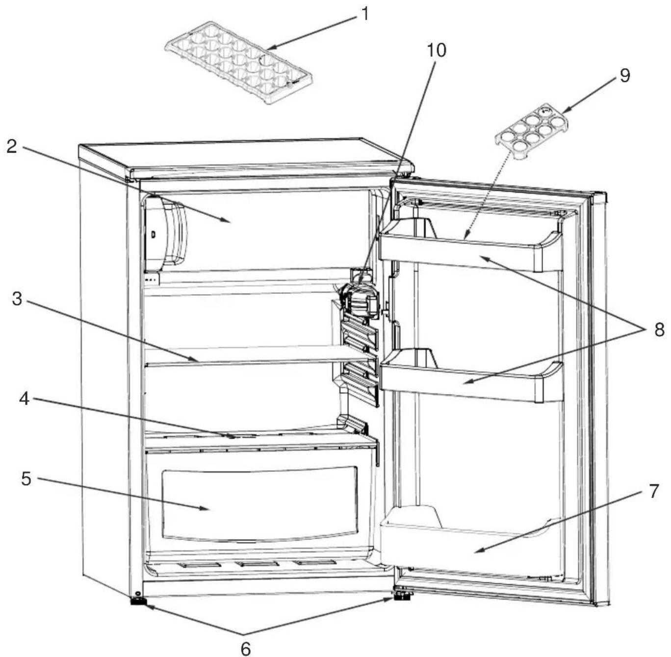 Technical diagram of a refrigerator interior with numbered components for identification