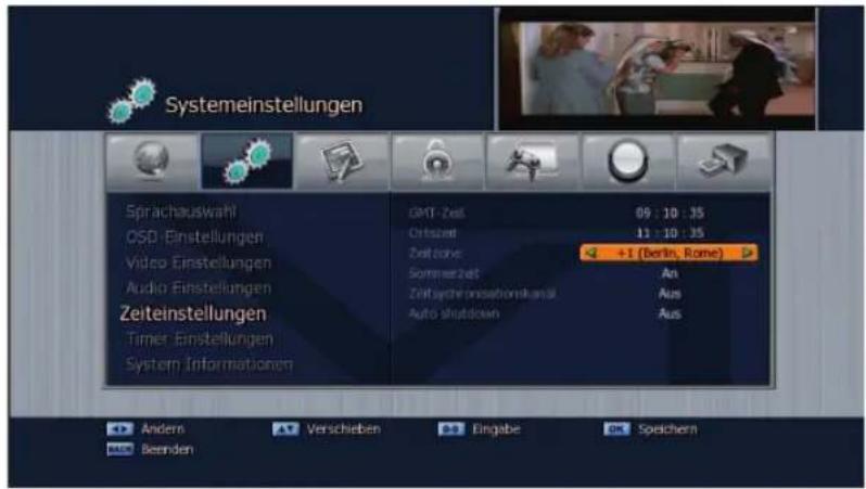 Systemeinstellungen Sprachauswahl OSD-Einstellungen Video-Einstellungen Audio-Einstellungen Zeiteinstellungen Timer-Einstellungen System Informationen GMT-Zest 09:10:35 Ölfzseit 11:10:35 Zeitzone: +1 (Berlin, Rome) Sommerzeit Aus Zeit-Veränderungskarst Aus Auto-shutdown Aus Andern Verschieben Eingabe Speichern MEN Beenden