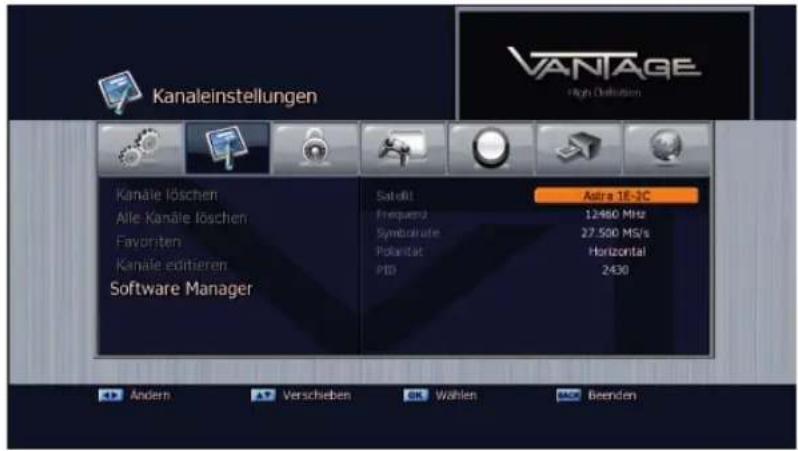 Kanaleinstellungen VANTAGE High Definition Kanale löschen Alle Kanäle löschen Favoriten Kanäle editieren Software Manager Satelli Astra 1E-2C Frequenz 12480 MHz Symbokrufe 27.500 MS/s Polarität Horizontal PID 2430 Ändern Verschieben Wählen Beenden