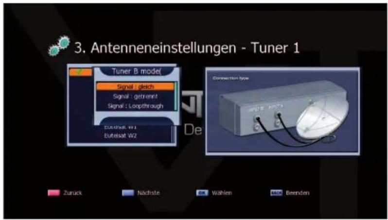 3. Antenneneinstellungen - Tuner 1 Tuner B model Signal : gleich Signal : getrarent Signal : Loopthrough Eutelsat W1 Eutelsat W2 Connection type Zurück Nächste OK Wählen Make Beenden