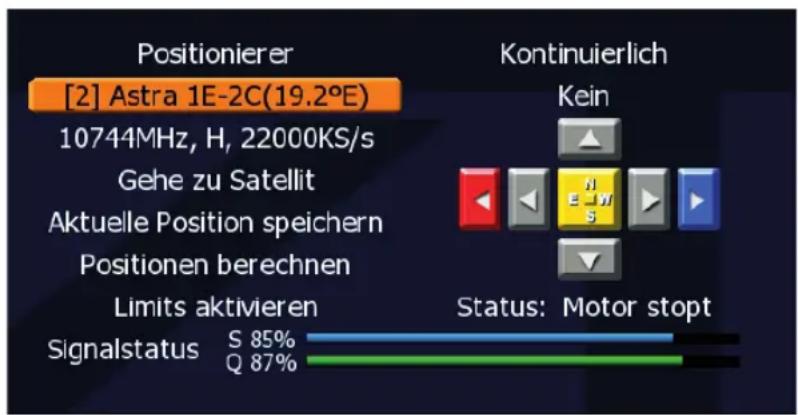 [2] Astra 1E-2C(19.2°E) 10744MHz, H, 22000KS/s Gehe zu Satellit Aktuelle Position speichern Positionen berechnen Limits aktivieren Signalstatus S 85% Q 87% Kontinuierlich Kein Status: Motor stopt