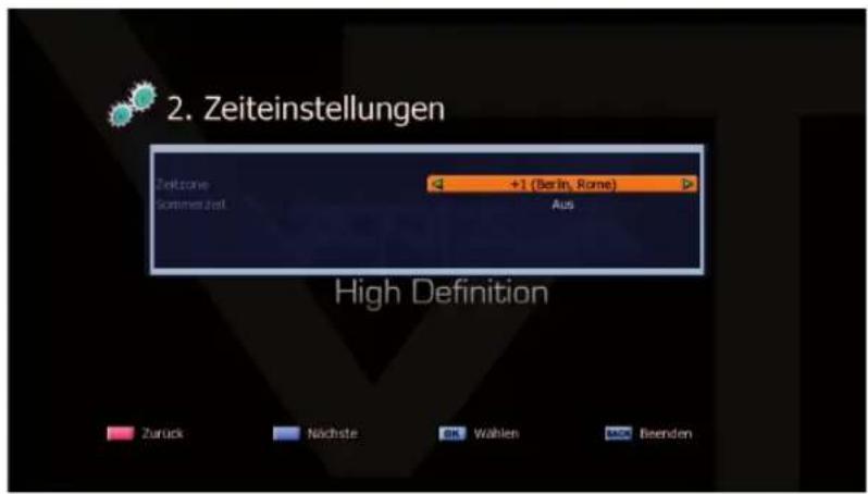 2. Zeiteinstellungen Zeitzone Sommer Zeit. +1 (Berlin, Rome) Aus High Definition Zurück Nächste Wahlen BACD Beenden