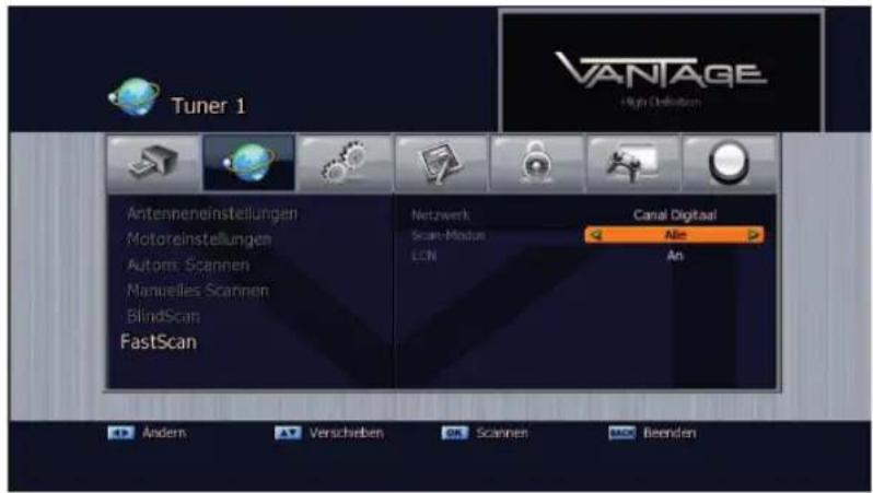 Tuner 1 VANTAGE High Definition Antenneneinstellungen Motoreinstellungen Autom. Scannen Manuelles Scannen BlindScan FastScan Netzwerk Scan-Modus LCN Canal Digital Ate An Andern Verschieben Scannen Beenden