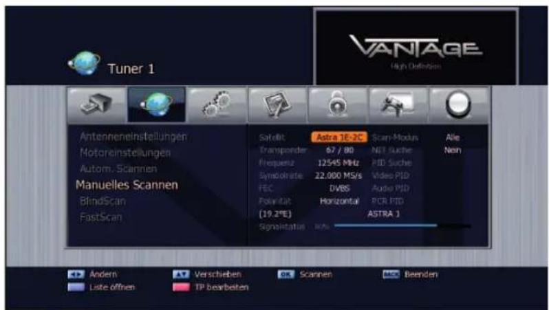 Tuner 1 VANTAGE High Definition Antenneneinstellungen Motorreinstellungen Autom. Scannen Manuelles Scannen BlindScan FastScan Safelift Astra 1E-2C Scan-Modus Alle Transponder 67 / 80 NET Suche Frequenz 12545 MHz PID Suche Symbolrate 22.000 MS/s Video PID FEC DVBS Audio PID Folkliftat Horizontal PCR PID (19.2°E) ASTRA 1 Signalstatus W%- Afern Verschieben Scannen Beenden Liste offnen TP bearbeiten