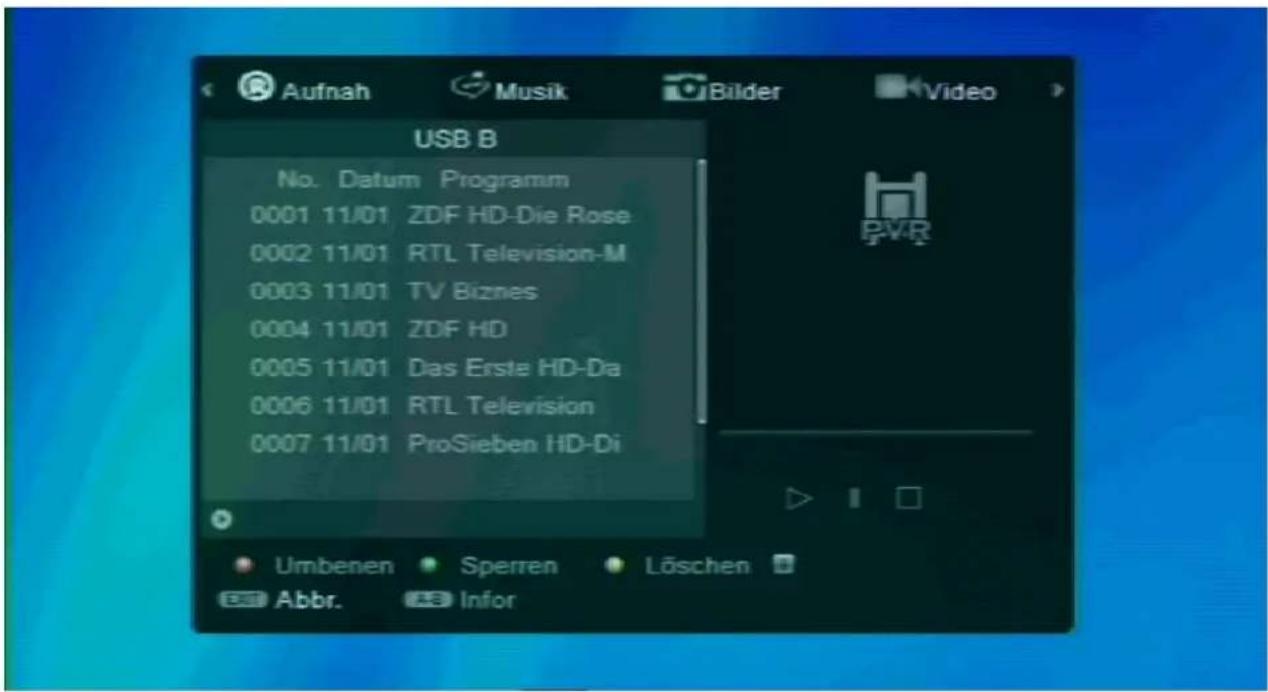 Aufnah Musik Bilder Video USB B No. Datum Programm 0001 11/01 ZDF HD-Die Rose 0002 11/01 RTL Television-M 0003 11/01 TV Biznes 0004 11/01 ZDF HD 0005 11/01 Das Erste HD-Da 0006 11/01 RTL Television 0007 11/01 ProSieben HD-Di Umbenen Sperren Löschen Abbr. A3 Infor