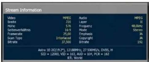 Stream Information Video MPEG Audio MPEG Breite 720 Layer II Hohe 578 Frequency 48.0kHz Sentenverhaltnis 16:9 Mode Stereo Framerate 25,00 Emphasis JA Scan Type Interlaced Copyright JA Bitrate 37,500 Bitrate 192 Astra 1E-2Q(19.2*), 12188MHz, 27.500MS/s, DVBS, H SID = 12003, VID = 163, AUD = 104, PCR = 163 RTL World