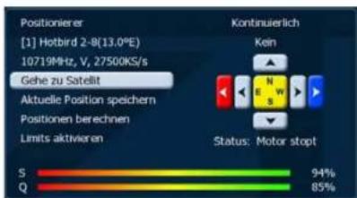 Positionierer [1] Hotbird 2-8(13.0°E) 10719MHz, V, 27500KS/s Gehe zu Satélit Aktuelle Position speichern Positionen berechnen Limits aktivieren Kontauierlich Kein Status: Motor stopt S 94% Q 85%