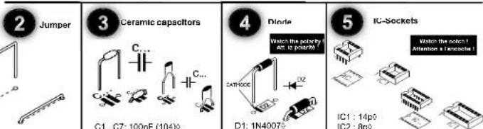 2 Jumper 3 Ceramic capacitors C1...C7: 100nF (104)0 4 Diode D1: 1N4007e 5 IC-Sockets Watch the potency act to potenti IC1 : 14p0 IC2 : 8p0 Watch the notch! Attention's interface