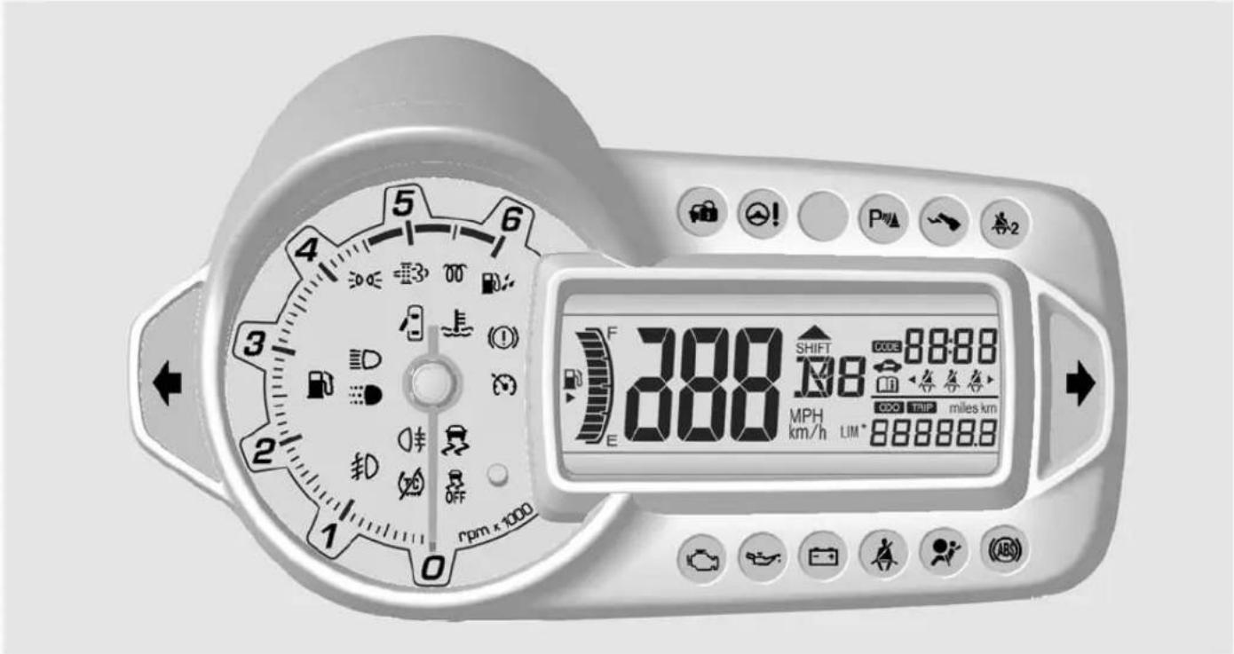 388 SHIFT CODE 8888 MPH km/h LIM* ODD TRIP miles km 888888.8 rpm x 1000 0 1 2 3 4 5 6 7 E F E