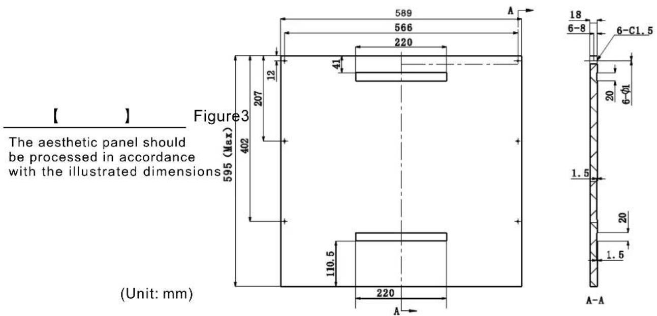 【 】 Figure3 The aesthetic panel should be processed in accordance with the illustrated dimensions 595 (Max) 402 12 589 566 220 41 110.5 220 (A) 18 6-8 6-C1.5 20 6-Ø1 1.5 20 1.5 A-A (Unit: mm)