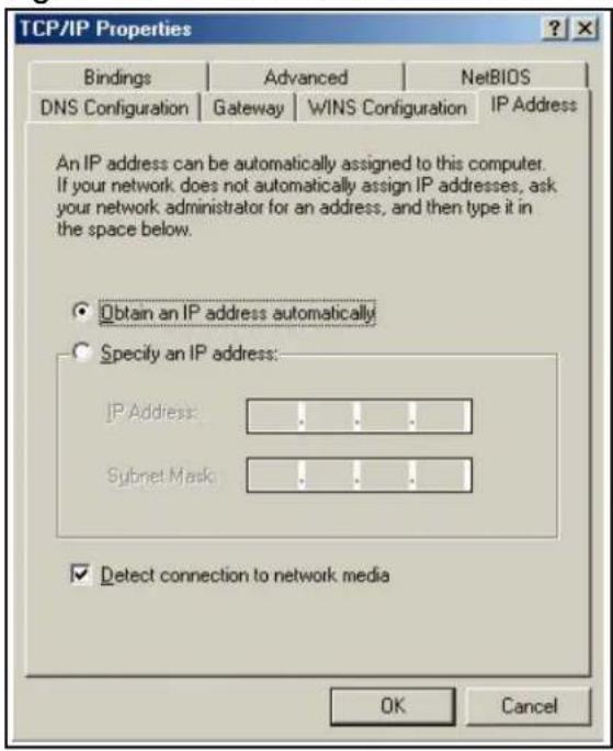 TCP/IP Properties Bindings Advanced NetsBIOS DNS Configuration Gateway WINS Configuration IP Address An IP address can be automatically assigned to this computer. If your network does not automatically assign IP addresses, ask your network administrator for an address, and then type it in the space below. Obtain an IP address automatically Specify an IP address: IP Address: .... .... .... Subnet Mask: .... .... .... .... Detect connection to network media OK Cancel