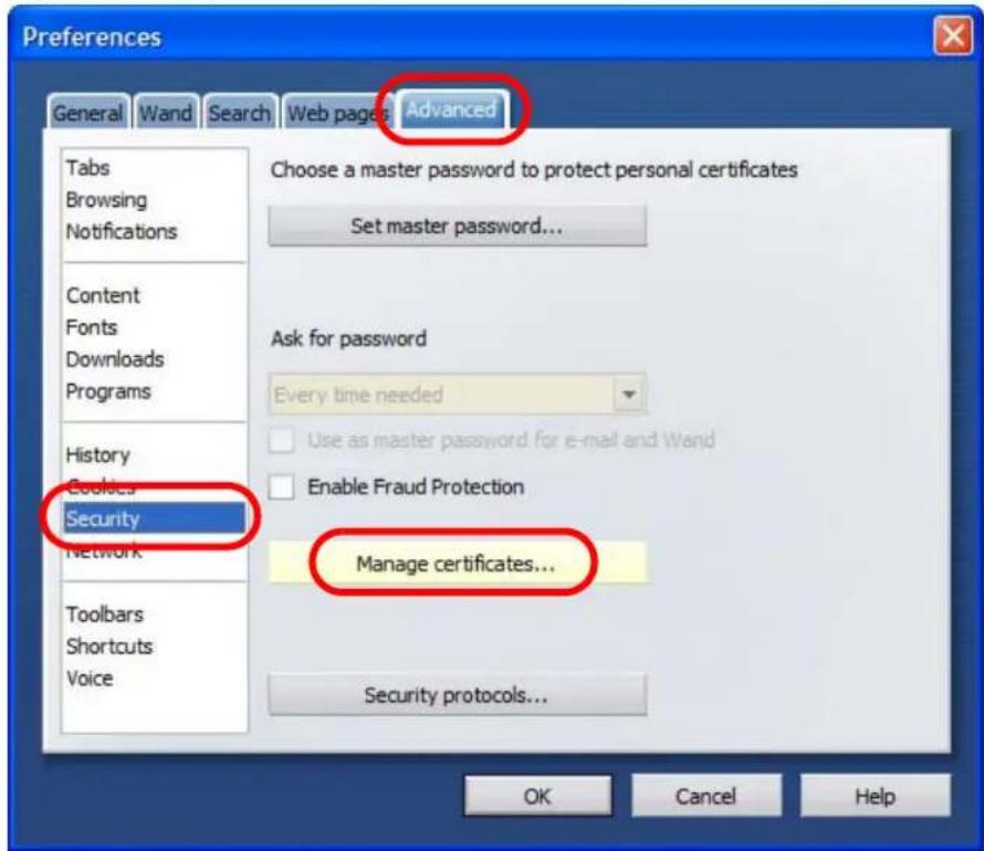 Preferences General Wand Search Web pages Advanced Tabs Browsing Notifications Content Fonts Downloads Programs History Cookies Security Network Toolbars Shortcuts Voice Choose a master password to protect personal certificates Set master password... Ask for password Every time needed Use as master password for e-mail and Wand Enable Fraud Protection Manage certificates... Security protocols... OK Cancel Help
