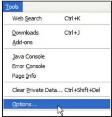Tools Web Search Ctrl+K Downloads Ctrl+J Add-ons Java Console Error Console Page Info Clear Private Data... Ctrl+Shift+Del Options...