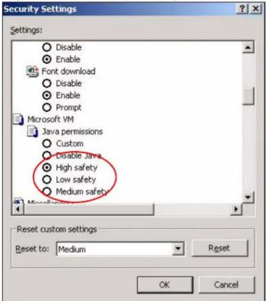 Security Settings Settings: Disable Enable Font download Disable Enable Prompt Microsoft VM Java permissions Custom Disable Java High safety Low safety Medium safety Reset custom settings Reset to: Medium Reset OK Cancel