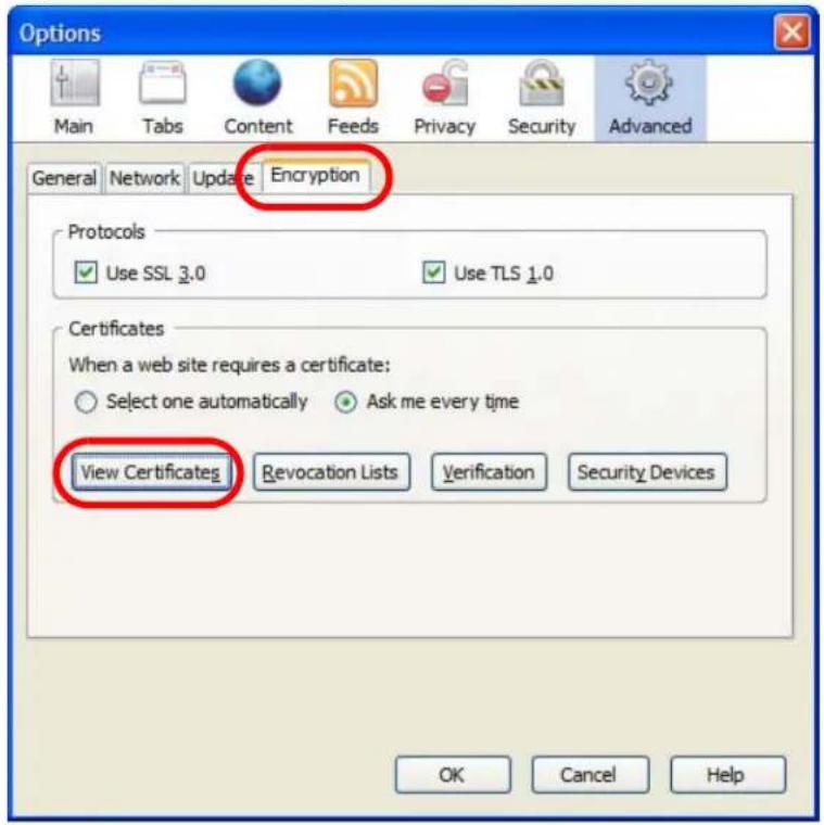 Options Main Tabs Content Feeds Privacy Security Advanced General Network Update Encryption Protocols Use SSL 3.0 Use TLS 1.0 Certificates When a web site requires a certificate: Select one automatically Ask me every time View Certificates Revocation Lists Verification Security Devices OK Cancel Help