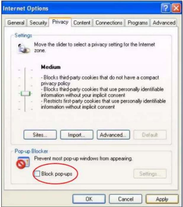 Internet Options General Security Privacy Content Connections Programs Advanced Settings Move the slider to select a privacy setting for the Internet zone. Medium - Blocks third-party cookies that do not have a compact privacy policy - Blocks third-party cookies that use personally identifiable information without your implicit consent - Restricts first-party cookies that use personally identifiable information without implicit consent Sites... Import... Advanced... Default Pop-up Blocker Prevent most pop-up windows from appearing. Block pop-ups Settings... OK Cancel Apply