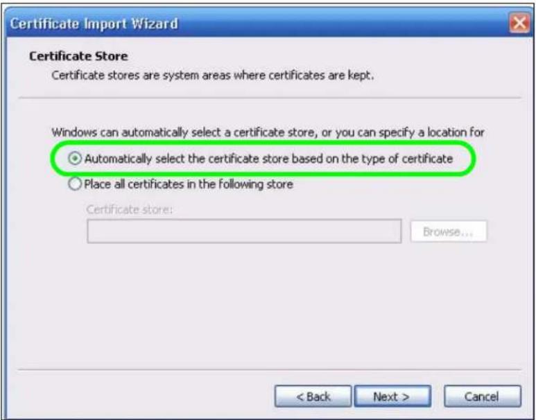 Certificate Import Wizard Certificate Store Certificate stores are system areas where certificates are kept. Windows can automatically select a certificate store, or you can specify a location for Automatically select the certificate store based on the type of certificate Place all certificates in the following store Certificate store: Browse... < Back Next > Cancel