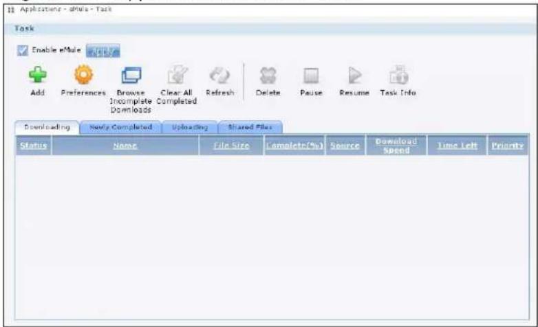 11 Applications - dMula - Task Task Enable eMule Add Preferences Browse Clear All Refresh Delete Pause Resume Task Info Incomplete Completed Downloads Downloading Weekly Completed Uploading Shared Files Status Name File Size Complete(%) Source Download Speed Time Left Priority
