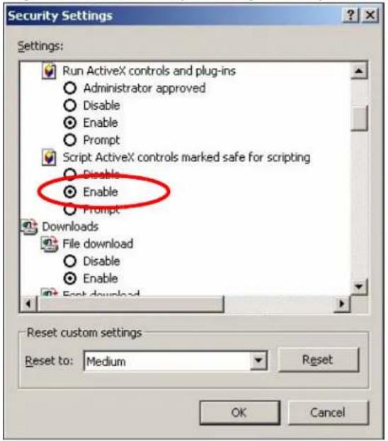 Security Settings Settings: Run ActiveX controls and plug-ins Administrator approved Disable Enable Prompt Script: ActiveX controls marked safe for scripting Disable Enable Prompt Downloads File download Disable Enable Reset downloads Reset custom settings Reset to: Medium Reset OK Cancel