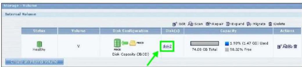 Storage - Volume Internal Volume Status Volume Disk Configuration Disk(s) Capacity Actions Healthy V Health Disk Capacity (JBOD) 1.99% (1.47 GB) Used 74.00 GB Total 98.02% Free Create an internal volume