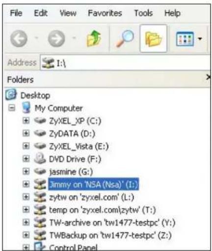 File Edit View Favorites Tools Help Address I:\ Folders Desktop My Computer ZyXEL_XP (C:) ZyDATA (D:) ZyXEL_Vista (E:) DVD Drive (F:) jasmine (G:) Jimmy on 'NSA (Nsa)' (I:) zytw on 'zyxel.com' (L:) temp on 'zyxel.com\zytw' (T:) TW-archive on 'tw1477-testpc' (Y:) TWBackup on 'tw1477-testpc' (Z:) Control Panel