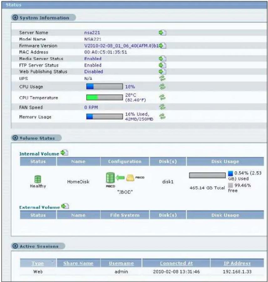 ZYXEL NSA221-2T - The Status Screen - 1