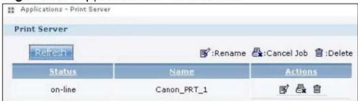 Applications - Print Server Print Server Refresh :Rename :Cancel Job :Delete Status Name Actions on-line Canon_PRT_1