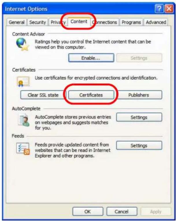 Internet Options General Security Privacy Content Connections Programs Advanced Content Advisor Ratings help you control the Internet content that can be viewed on this computer. Enable... Settings Certificates Use certificates for encrypted connections and identification. Clear SSL state Certificates Publishers AutoComplete AutoComplete stores previous entries on webpages and suggests matches for you. Settings Feeds Feeds provide updated content from websites that can be read in Internet Explorer and other programs. Settings OK Cancel Apply