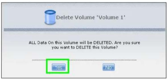 Delete Volume 'Volume 1' ALL Data On this Volume will be DELETED. Are you sure you want to DELETE this Volume? Yes No